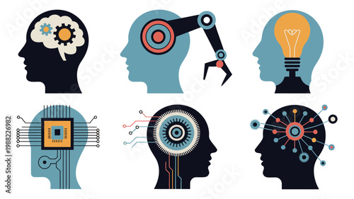 Collection of six flat vector icons showcasing the intersection of human cognitive processes and artificial intelligence technology