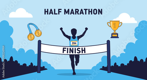 Half Marathon Finish Line Victory Runner Trophy And Medals