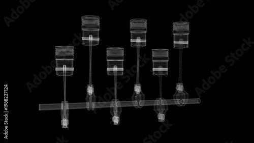 Wireframe Car Engine with Six Cylinders and Rotating Crankshaft on Black Background - 3d 4k animation (3840 x 2160 px)