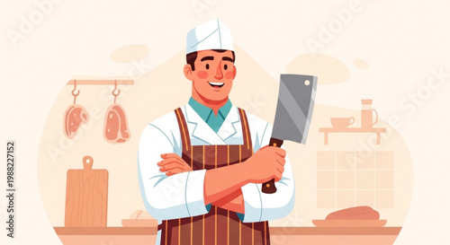 Smiling butcher holding cleaver in shop flat vector illustration for food industry and culinary concepts