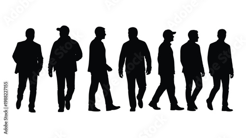 A row of silhouetted men in various poses and attire facing different directions