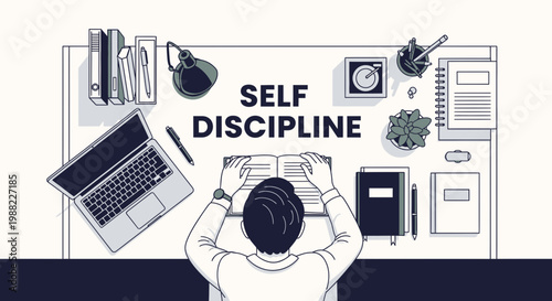 Illustration Depicting Discipline And Focus While Working At A Desk Towards Goals
