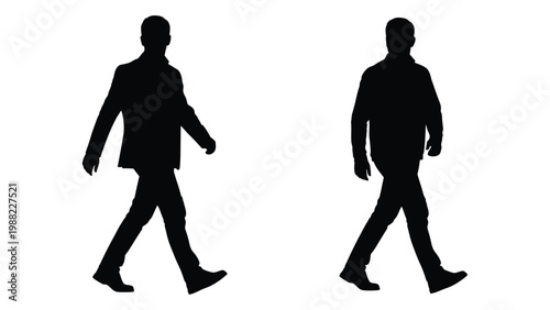 Two silhouetted figures of men walking depicted in a minimalist black and white style