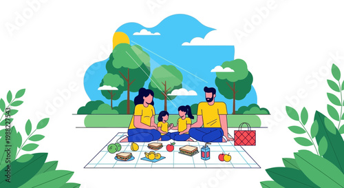 Happy Family Enjoying A Sunny Picnic In A Lush Green Park
