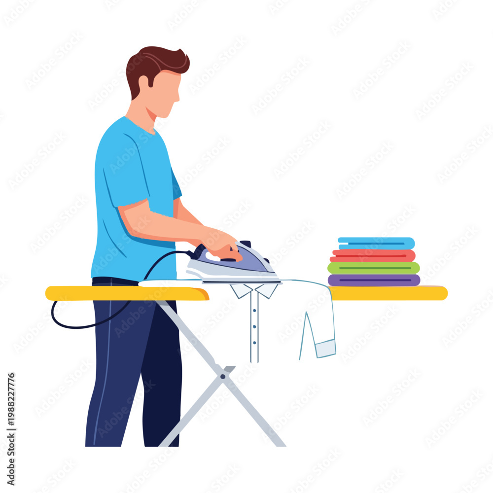 Fototapeta premium Man Ironing Clothes on Ironing Board
