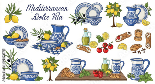 Mediterranean Dolce Vita vector collection, Italian ceramic pottery with blue patterns, lemon trees and olive branches, traditional food illustrations isolated PNG with Transparent Background