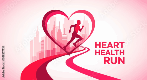 Heart Health Run: Marathon Silhouette with a Heart-Shaped Pathway and Cityscape