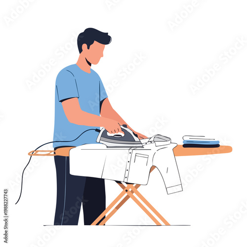 Man ironing a shirt on an ironing board. Domestic chore.