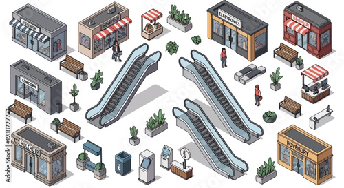 Set of 30 Isometric City Building and Public Space Elements Vector
