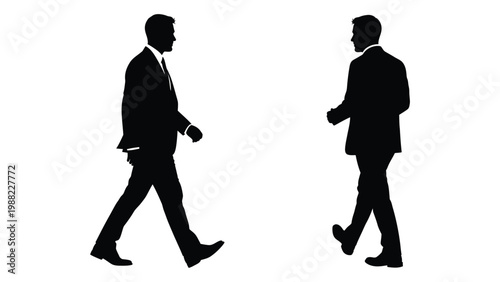 Two businessmen in suits are walking towards each other in a stark silhouette