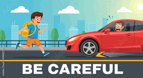 Illustration Illustrating Road Safety Concerns and Child Crossing Near Fast-Moving Vehicle