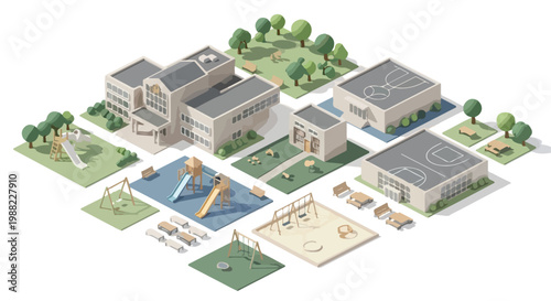 Isometric School Building and Playground Vector Illustration Set