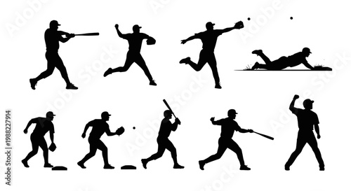 Silhouette sequence of baseball player batting, running, and sliding in action poses