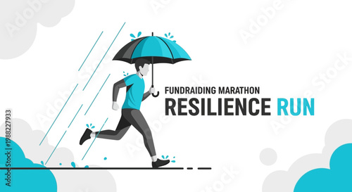Illustration Of A Man Running In The Rain With An Umbrella Charity Fundraiser Concept
