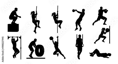 Set of 12 black and white fitness exercise silhouettes for workout training and health lifestyle