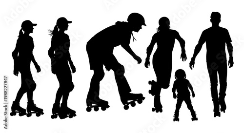 Family learning to skateboard together in silhouette at sunset with urban skyline background