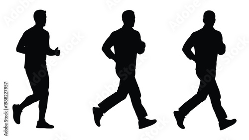 Three silhouetted men are depicted walking or running in a dynamic sequence