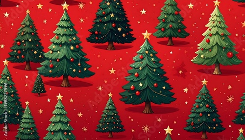 Festive pattern with multiple decorated evergreen trees on a vibrant red background, adorned with stars