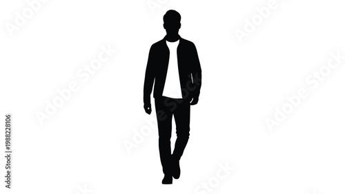 A full body silhouette of a man standing and facing forward isolated on white