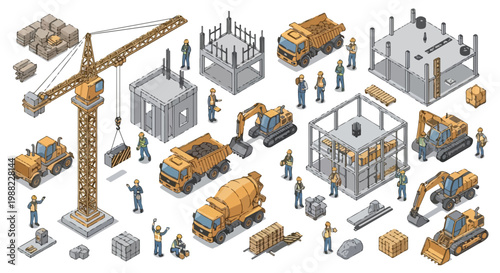 Foto Isometric Construction Site Elements Vector Set