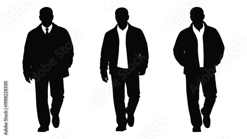 Three silhouetted men walking forward each with a distinct style of dress
