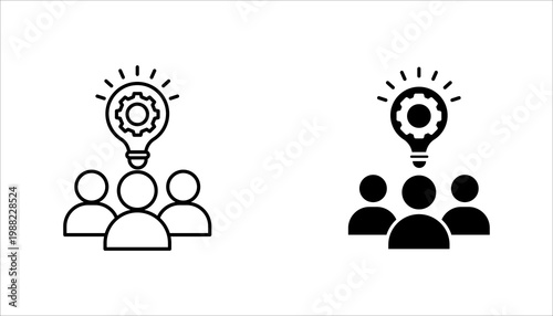 Minimal outline icon set, of group of people with light bulb and gear representing teamwork, innovation, collaboration, and creative solutions.