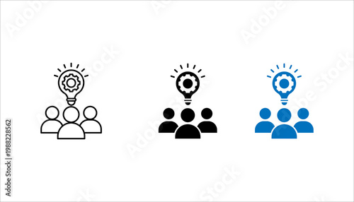 Minimal outline icon set, of group of people with light bulb and gear representing teamwork, innovation, collaboration, and creative solutions.