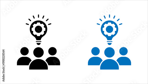 Minimal outline icon set, of group of people with light bulb and gear representing teamwork, innovation, collaboration, and creative solutions.