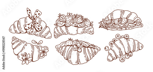Croissants in doodle style set on white background