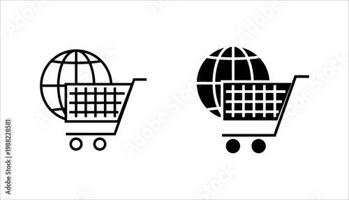Outline icon set, illustration of shopping cart with globe representing global ecommerce, online shopping, and international retail business.