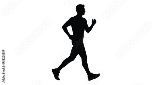 Silhouette of a man running depicted in a dynamic and energetic pose against a white background