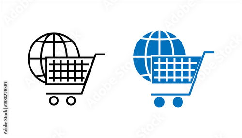 Outline icon set, illustration of shopping cart with globe representing global ecommerce, online shopping, and international retail business.