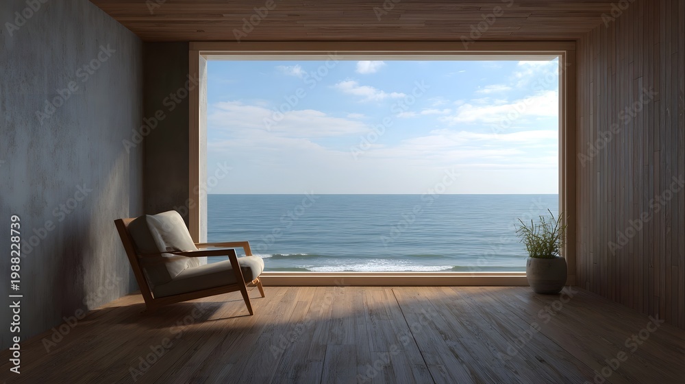 Obraz premium A modern minimalist interior space featuring a large window overlooking a serene ocean view and blue sky