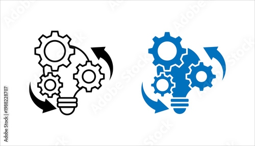 Minimal outline icon set, of gears with circular arrows and light bulb representing automation process, innovation, and continuous improvement.