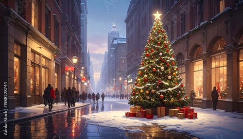 Festive urban scene with a decorated Christmas tree on a snowy street, flanked by buildings, people, and twinkling lights