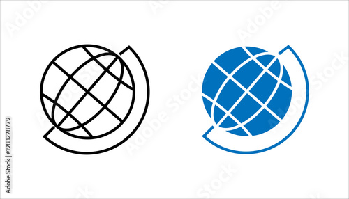 Minimal outline icon set, of globe with circular motion lines representing global movement, international connectivity, and worldwide systems.