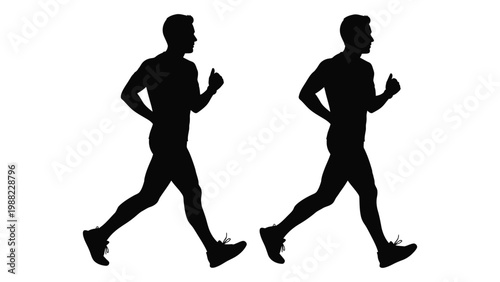 Two silhouettes of men running depicted in a dynamic and athletic pose against a white background