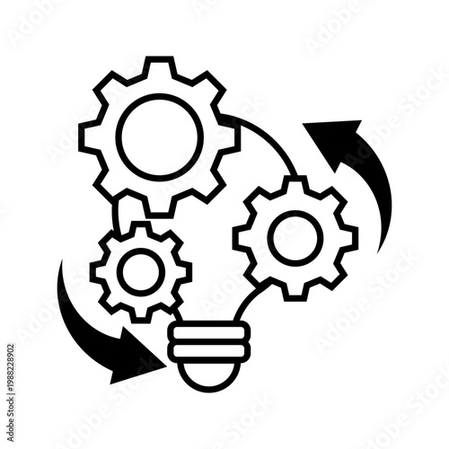 Minimal outline icon of gears with circular arrows and light bulb representing automation process, innovation, and continuous improvement.