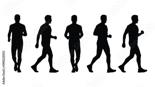 Silhouettes of five men running or walking in varying poses against a white background