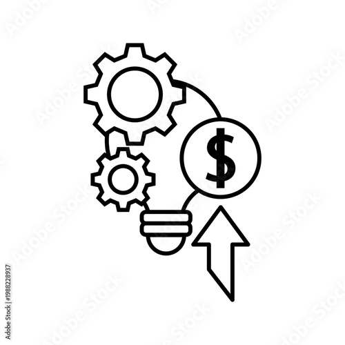 Outline icon illustration of gears with light bulb and dollar symbol representing financial innovation, business growth, and smart investment.