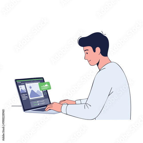 Man Editing Video on Laptop. Digital Content Creation. Modern Workspace.