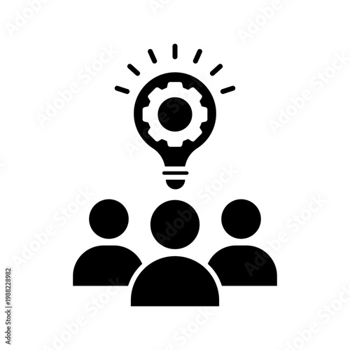 Minimal outline icon of group of people with light bulb and gear representing teamwork, innovation, collaboration, and creative solutions.