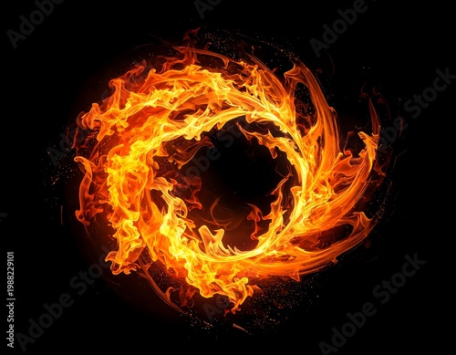 Fiery ring swirling in a perfect circle, isolated against a solid black background. Orange flames twist and turn in an endless loop