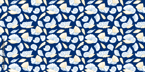 Seamless Pattern Blue and Yellow Seashells Coastal Marine Collection
