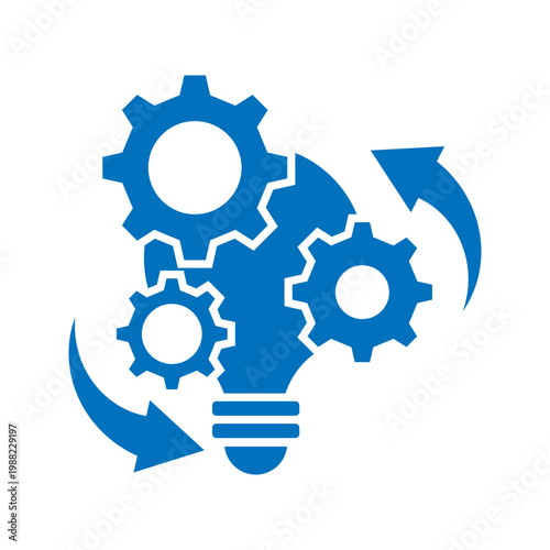 Minimal outline icon of gears with circular arrows and light bulb representing automation process, innovation, and continuous improvement.