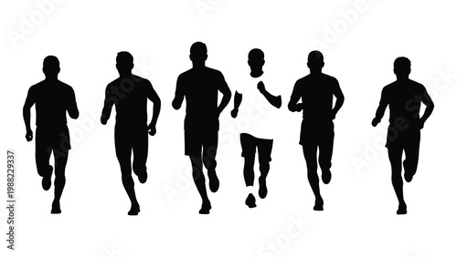 A group of silhouetted men are depicted running forward with varying arm positions