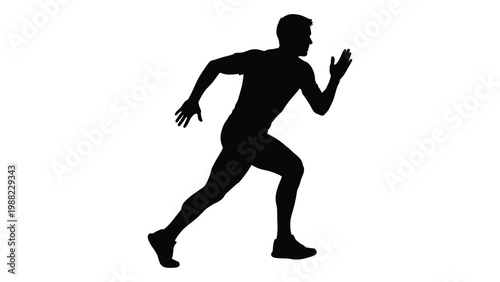 Silhouette of a man running depicted in a dynamic and athletic pose against a white background