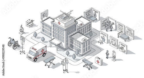 Isometric Hospital Building and Medical Equipment Vector Illustration