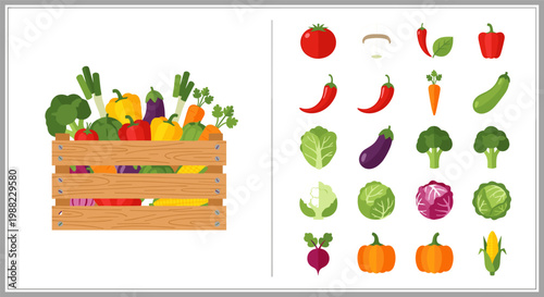 Fresh Vegetable Wooden Crate Set with Flat Icons of Pepper Broccoli Cabbage Carrot Eggplant and Organic Produce for Food Design