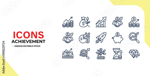 Collection of achievement and financial success icons for business and growth themes